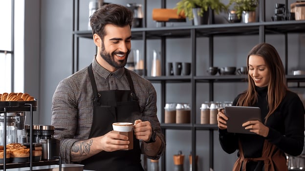 Barista serving coffee to a customer in a cozy caf with pastries and plants in the background photo