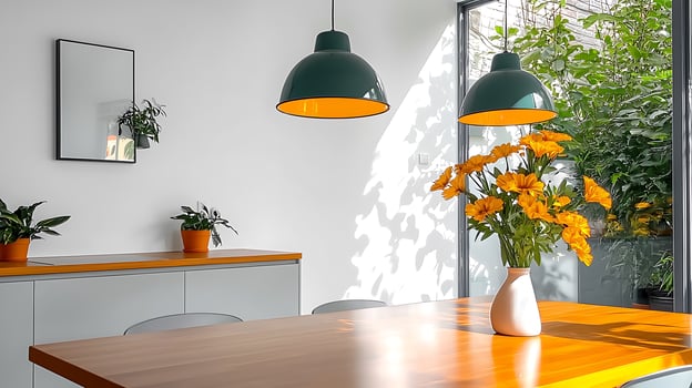 Bright and modern dining area featuring a wooden table with a vase of yellow flowers and plants photo