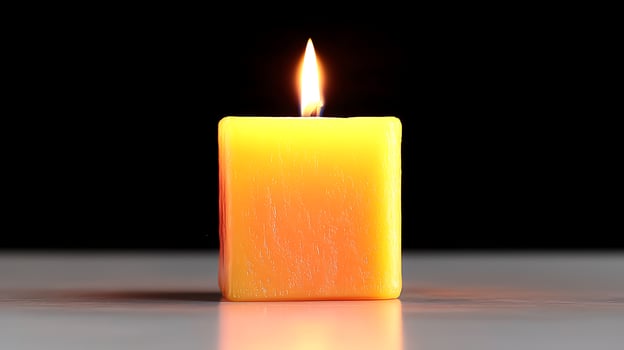 Bright yellow candle with a flickering flame on a smooth surface against a dark background photo