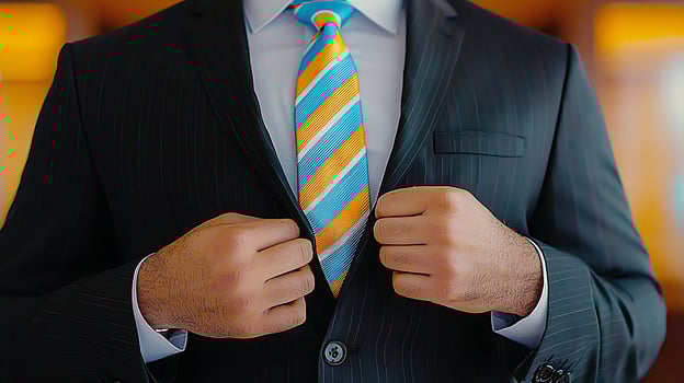 Businessman adjusting his suit and tie in a modern office setting with blurred background photo
