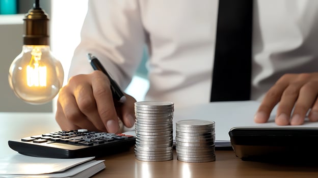 Businessman calculating finances with coins and calculator under warm light in office photo