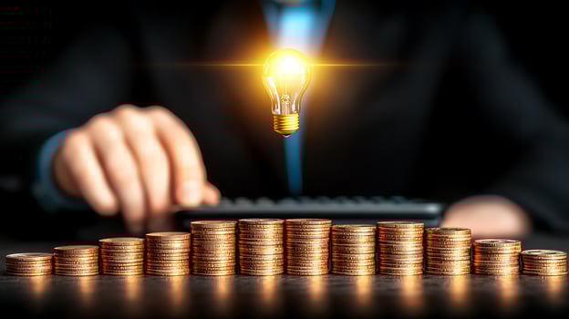 Businessman calculating finances with coins and a light bulb symbolizing ideas and innovation photo