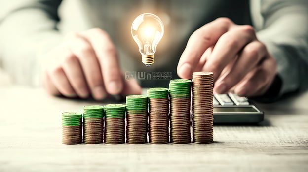 Businessman calculating investment growth with coins and a light bulb symbolizing ideas photo