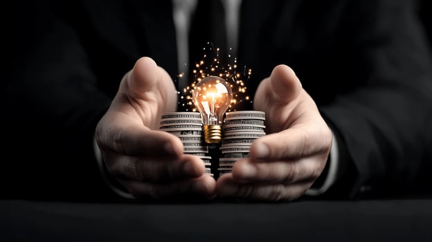 Businessman holding stacks of coins with a glowing light bulb symbolizing innovative ideas and wealth photo