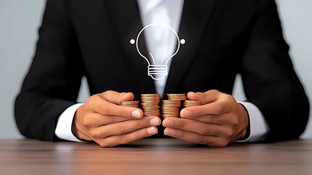 Businessman holding coins with light bulb symbolizing investment ideas and innovation photo