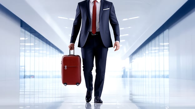 Businessman in a suit walking confidently through a modern office hallway with a suitcase photo