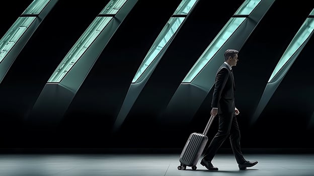 Businessman in a suit walking with a suitcase in a modern, sleek architectural environment photo