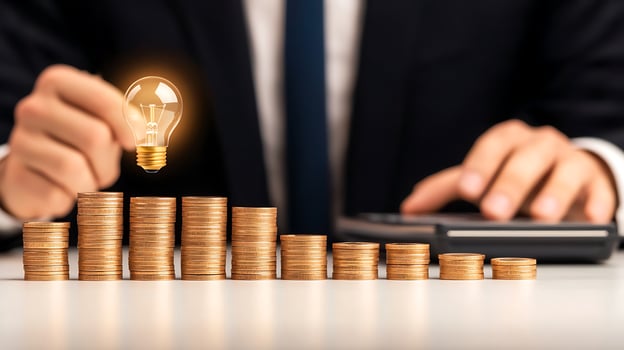 Businessman placing a glowing light bulb above stacked coins, symbolizing innovation and growth photo