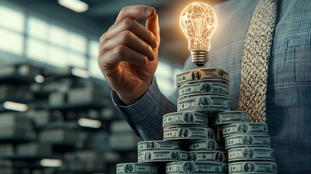 Businessman placing light bulb atop money stack in warehouse, symbolizing innovation and investment photo