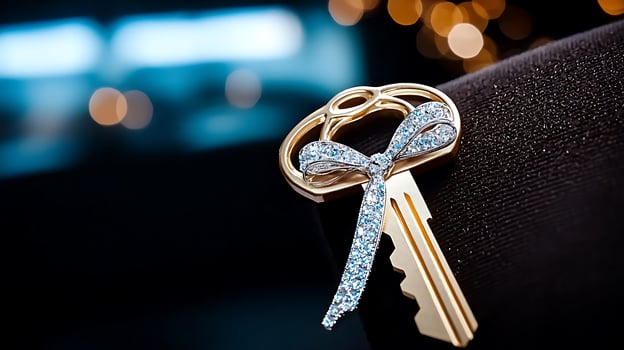 Close-up of a decorative golden key with a bow, set against a blurred background of soft lights photo
