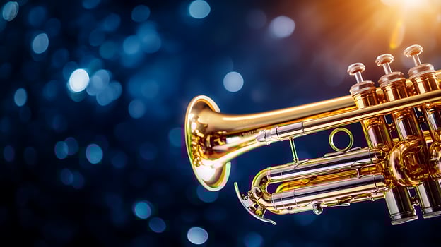 Close-up of a gleaming trumpet against a blurred blue background with sparkling lights photo