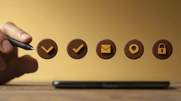 Close-up of a hand holding a pen above wooden icons representing tasks and communication on a smartphone photo