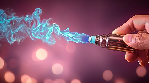 Close-up of a hand holding a vape pen releasing vibrant blue smoke against a blurred background photo