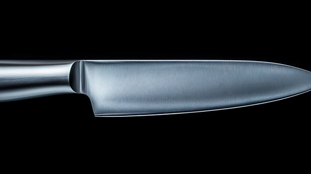 Close-up of a polished kitchen knife against a black background, showcasing its sleek design and sharp edge photo