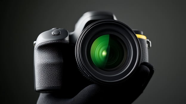 Close-up of a professional camera held in a gloved hand against a dark background, showcasing photography gear photo
