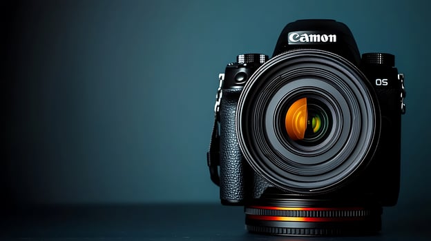 Close-up of a professional camera showcasing its lens against a dark background photo