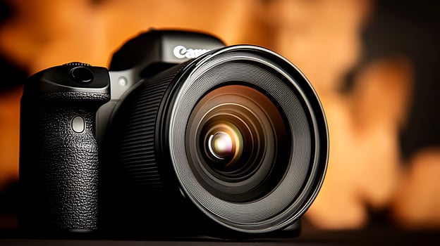 Close-up of a professional camera with a blurred background, showcasing photography equipment photo