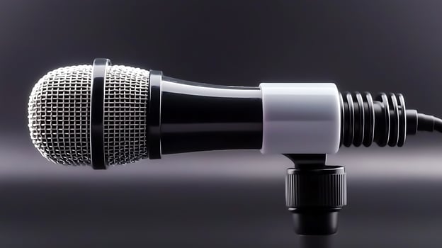 Close-up of a professional microphone against a dark background, emphasizing sound quality and design photo