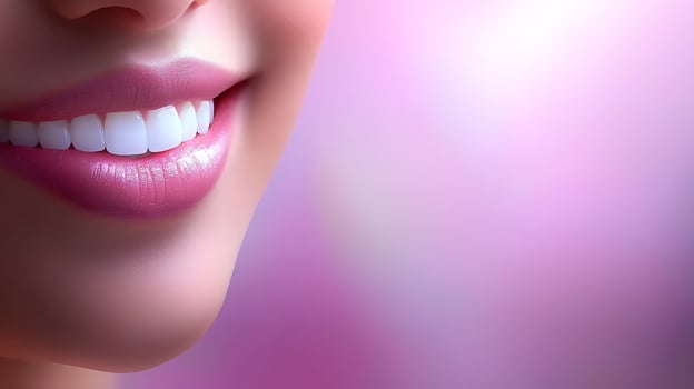 Close-up of a smiling woman's mouth with perfect teeth against a soft pink blurred background photo