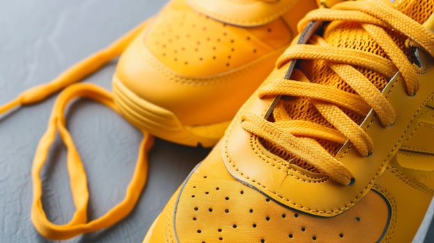 Pair of bright yellow athletic shoes. Close-up view of laces and upper photo