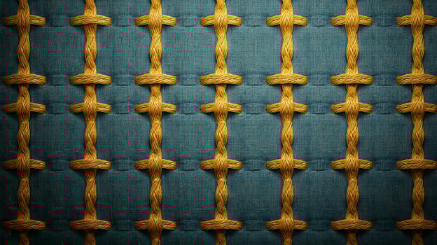 Close-up of a textured woven fabric with blue and yellow patterns, suitable for design use photo