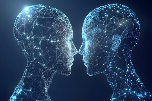 Abstract Digital Connection Two Intertwined AI Faces Networked Nodes Futuristic Technology Concept photo
