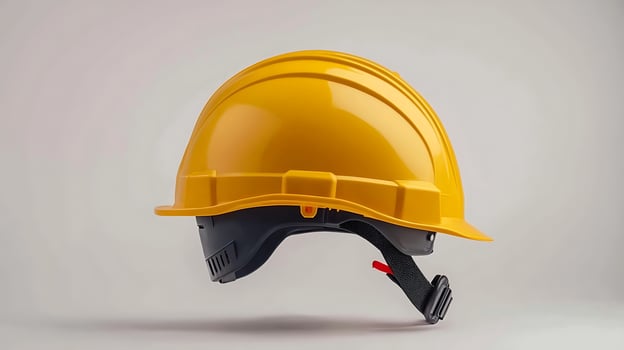 Close-up of a yellow construction helmet on a neutral background, showcasing safety gear for workers photo