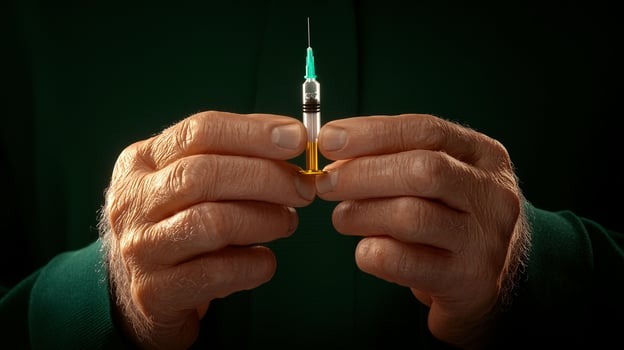 Close-up of elderly hands holding a syringe with a green needle against a dark background photo