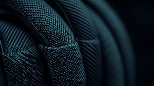 Close-up of intricately woven black cables coiled together against a dark backdrop photo