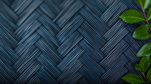 Close-up of intricate woven texture with dark blue hues and green leaves accentuating the design photo