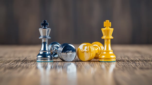 Close-up of metallic and glossy chess pieces on a wooden surface with blurred background photo