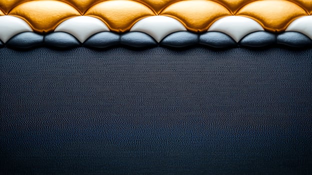 Close-up of textured fabric with golden, white, and blue patterns against a dark background photo