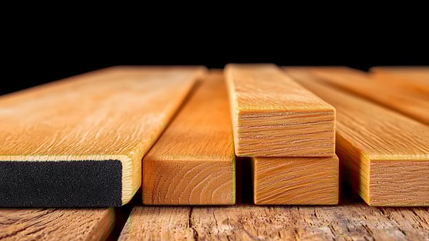 Close-up of various wooden planks arranged on a rustic surface with a dark background photo