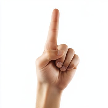 Hand pointing with index finger upwards on white background photo