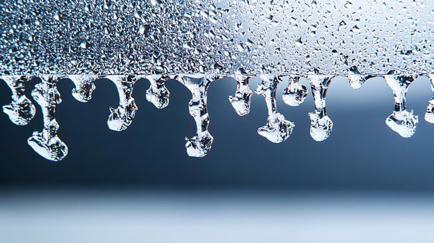Close-up of water droplets forming and dripping from a metallic surface with a blurred background photo