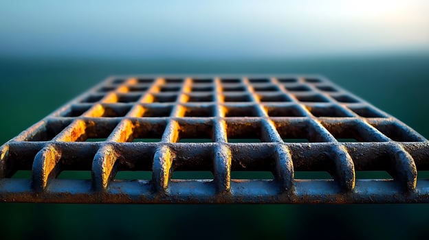 Close-up view of a textured metal grid with sunlight highlighting its surface against a blurred background photo