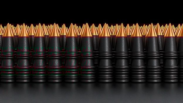 Close-up view of precision-engineered bullets arranged in a neat row against a dark background photo