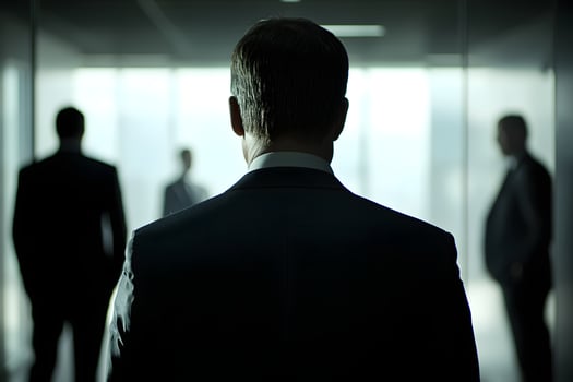 Businessman Walking Away Silhouetted Figure in Modern Office Building Corporate Success photo