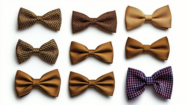 Collection of elegant bow ties arranged in a grid showcasing various textures and colors photo