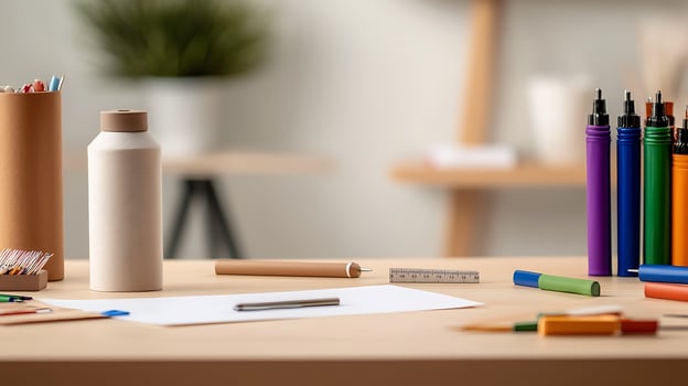Colorful art supplies arranged on a wooden table with a blurred background of a creative workspace photo