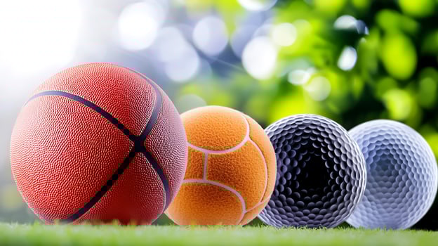 Colorful assortment of sports balls arranged on grass with a blurred natural background photo