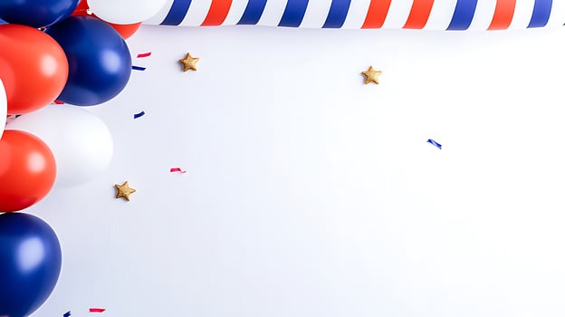 Colorful balloons and festive decorations in red, white, and blue for a celebratory event photo