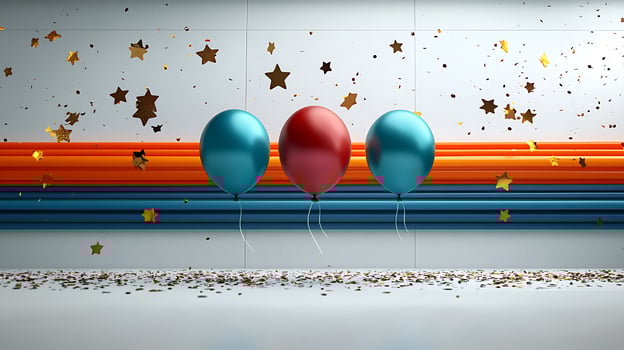 Colorful balloons in a festive setting with confetti and stars on a decorated wall photo