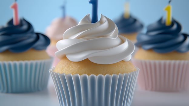 Colorful birthday cupcakes with blue and pink frosting, featuring number one candles, set against a soft background photo