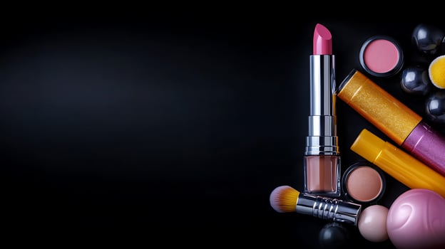 Colorful cosmetics arranged artistically on a dark background showcasing beauty products photo