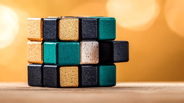 Colorful cube puzzle on a wooden surface with a blurred golden background, symbolizing creativity photo