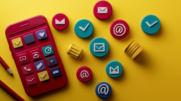 Colorful communication icons arranged around a vibrant smartphone on a yellow background photo