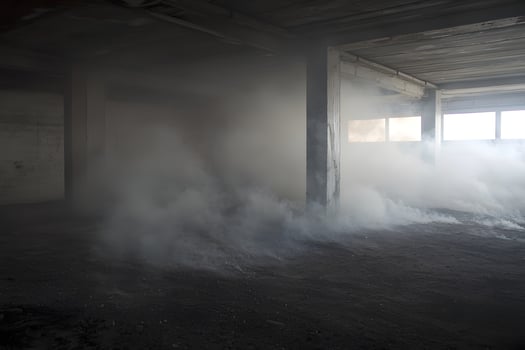 Atmospheric Smoke Filled Concrete Building Interior Hazy Industrial Space Dark Gray Floor photo
