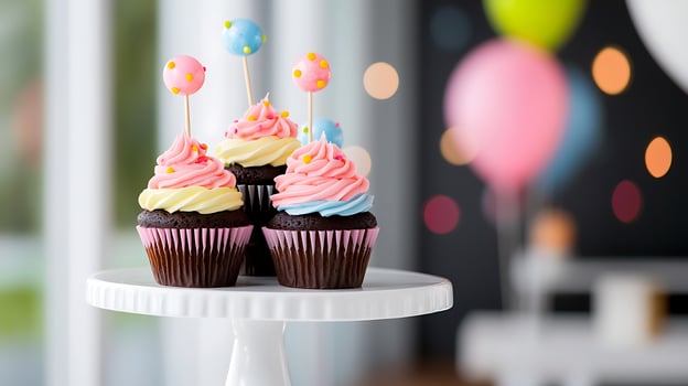 Colorful cupcakes with frosting and decorative toppers on a white stand, festive background photo