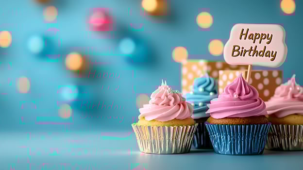 Colorful cupcakes with frosting and a birthday sign, set against a festive blurred background photo